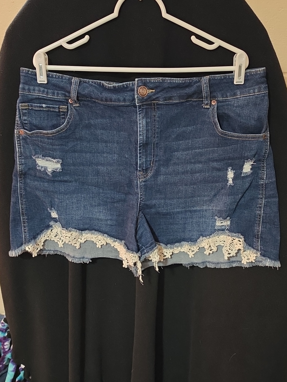 Maurices Dark Blue Denim Shorts with Cream Lace Trim